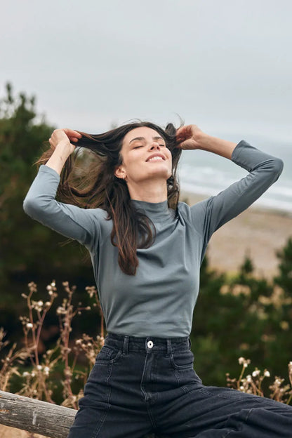 Polera manga larga mujer Palma azul - Algodón orgánico